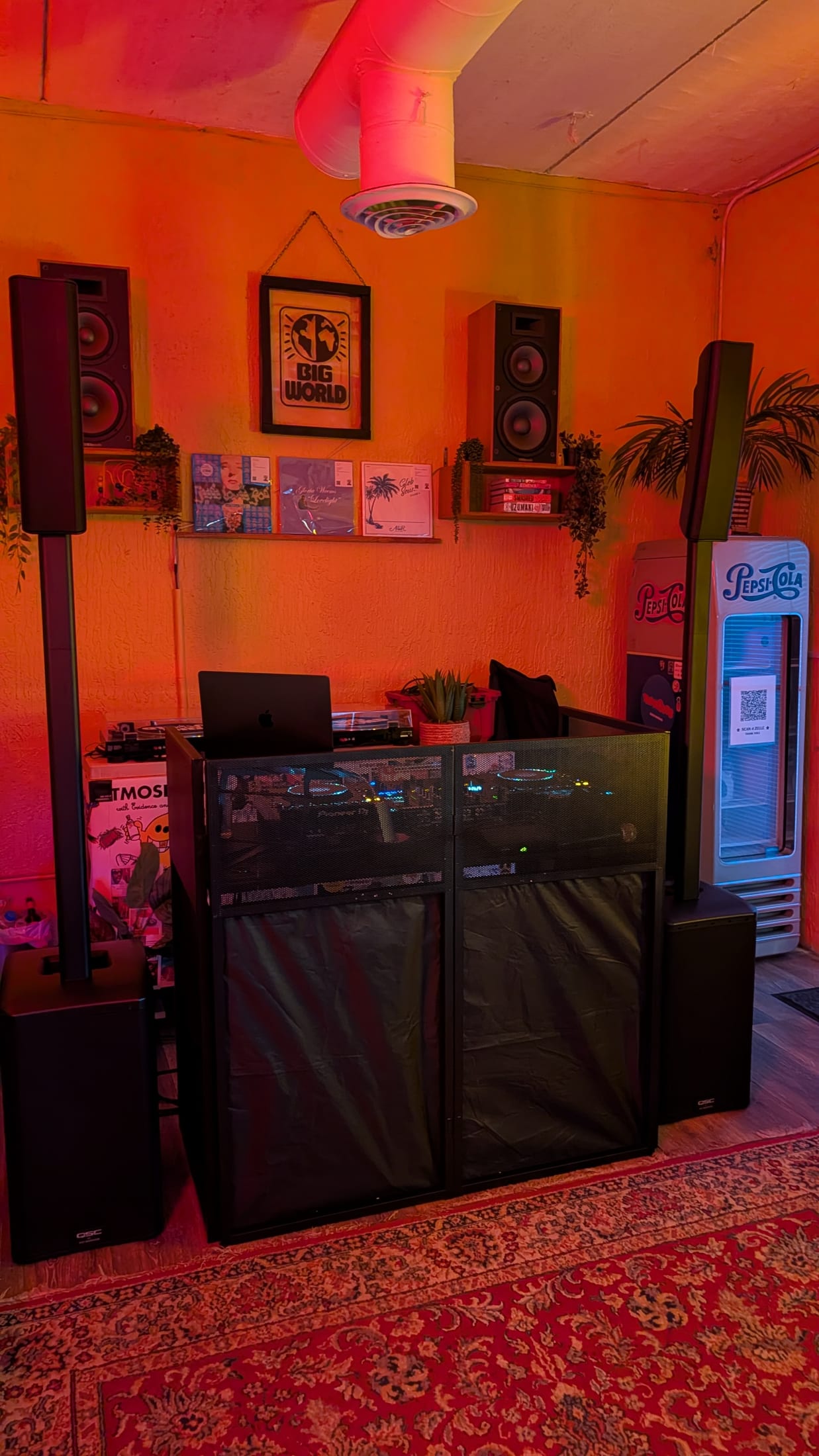 Complete PSYBER DJ booth with professional QSC speakers and subwoofers
